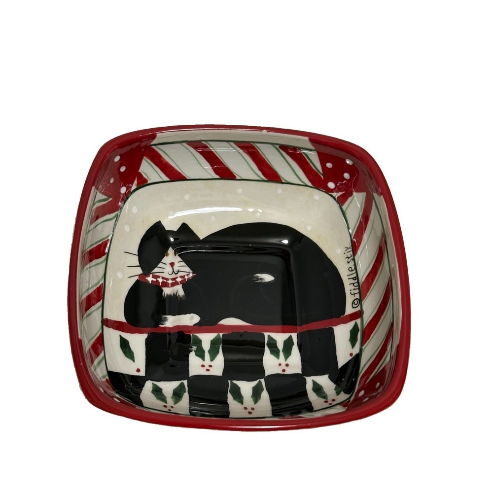 Sakura By Oneida  Candy Cane Cat Square Serving Bowl Tuxedo Cat Fiddlesticks 6"